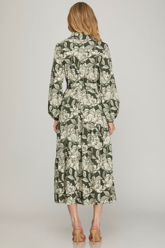 Olive green woven print collared tiered shirt dress by StyleUSA, featuring a relaxed fit and button-down front.