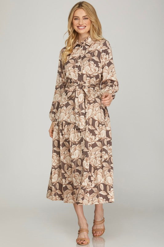 Olive green woven print collared tiered shirt dress by StyleUSA, featuring a relaxed fit and button-front design.