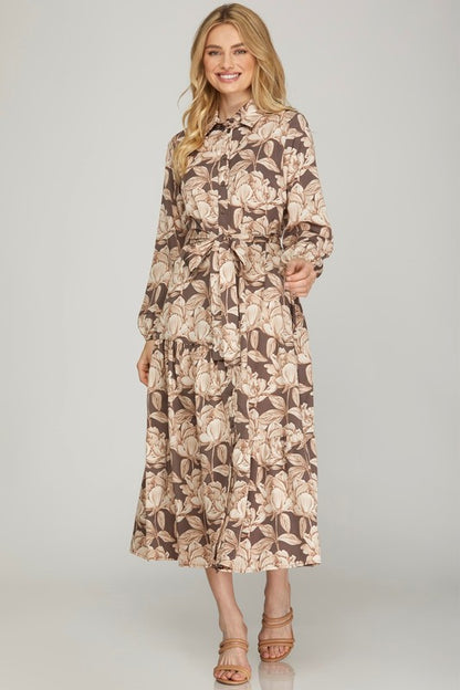 Olive green woven print collared tiered shirt dress by StyleUSA, featuring a relaxed fit and button-front design.