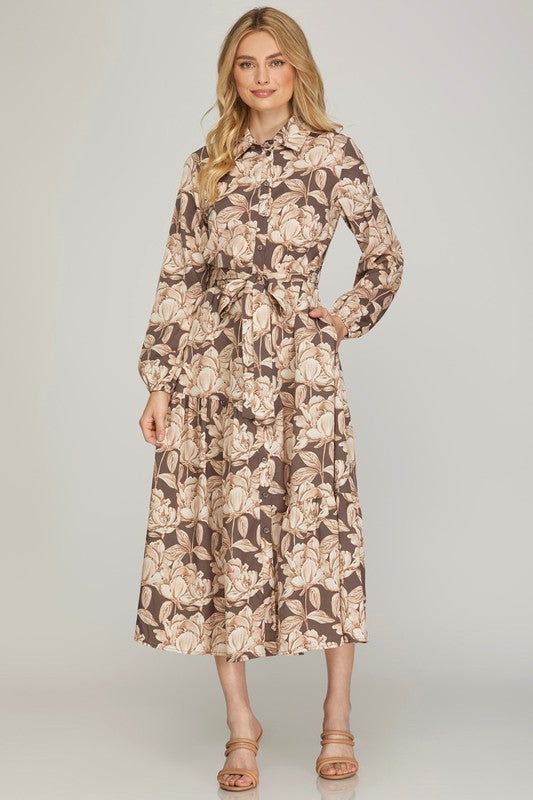 Olive green woven print tiered shirt dress with collar from StyleUSA, featuring a relaxed fit and casual style.