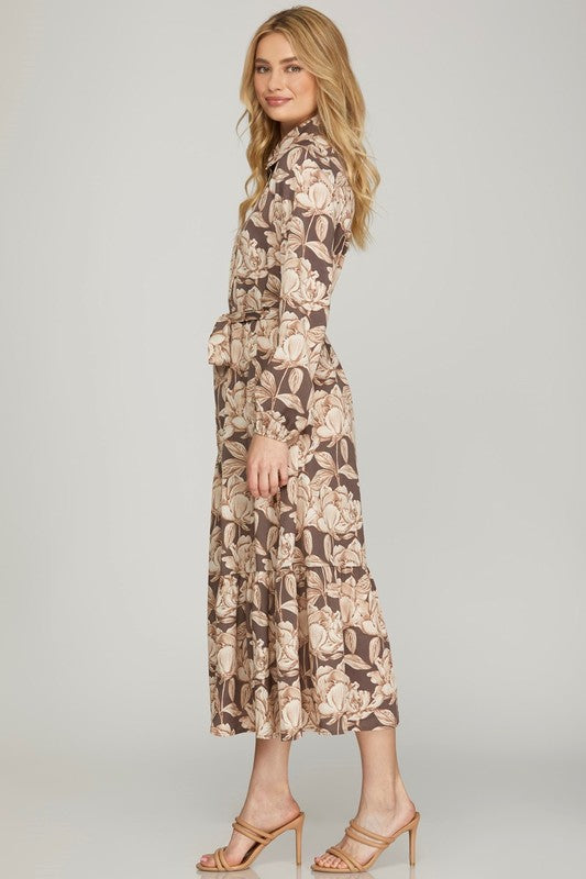 Olive green woven print collared tiered shirt dress by StyleUSA, featuring a relaxed fit and tiered skirt design.