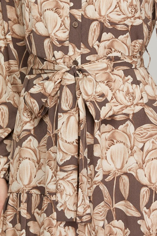 Olive green woven print tiered shirt dress with a collar from StyleUSA, featuring a relaxed fit and stylish design.