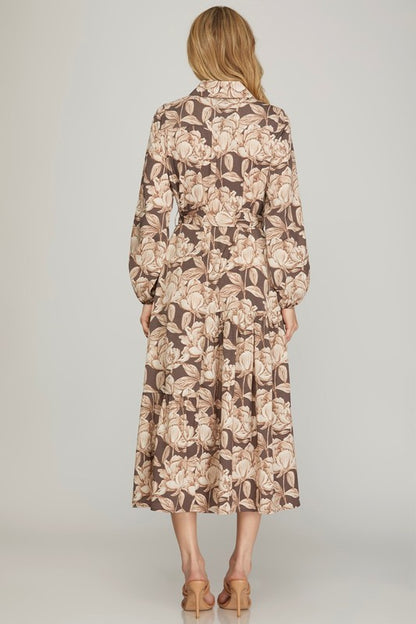 Olive green woven print collared tiered shirt dress by StyleUSA, featuring a relaxed fit and feminine tiered design.