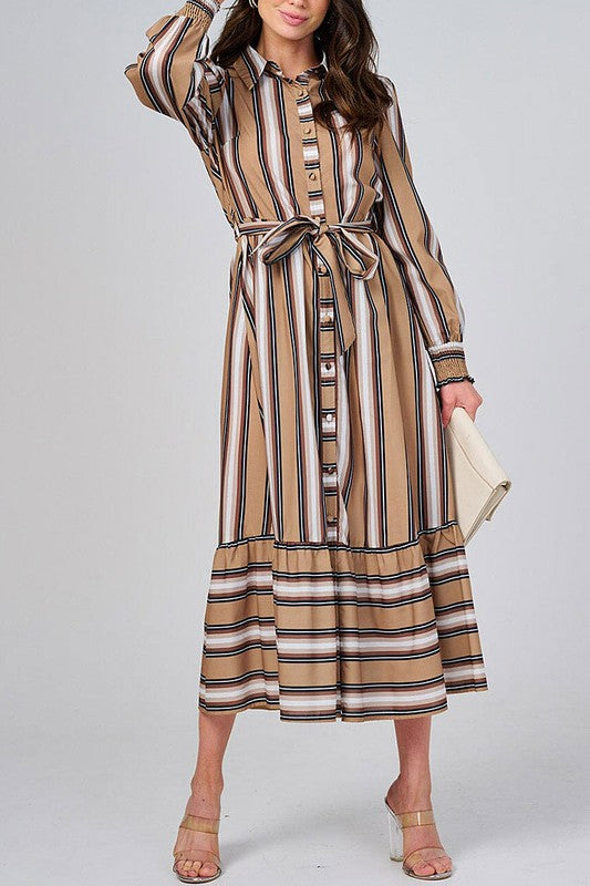 Tea & Cup front button-down colorblock stripes dress in brown tones, featuring a stylish and casual design with vertical stripe details.