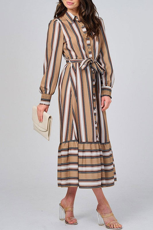 Front view of Tea & Cup colorblock stripes dress in brown tones, featuring button-down front and stylish design.