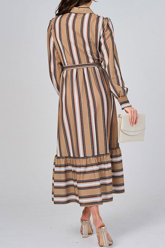 Front view of Tea & Cup colorblock stripes dress in brown tones, featuring buttons down the front and a stylish, casual design.
