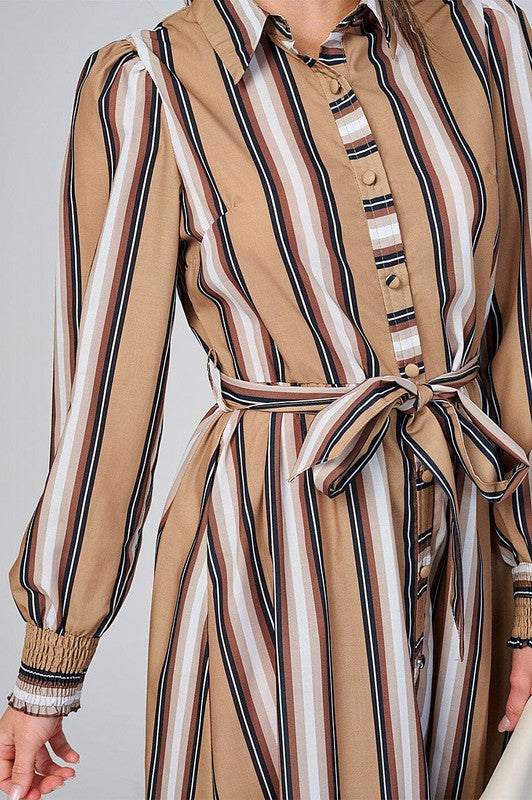 Brown tones front button-down colorblock stripes dress by Tea & Cup, featuring a stylish design and casual fit.