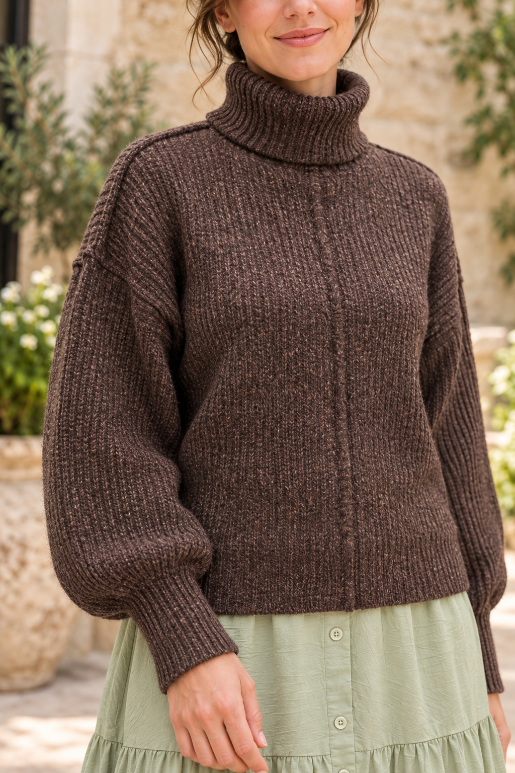 Timing deep brown heathered turtleneck sweater, detail lifestyle view