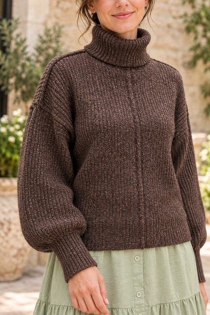 Timing deep brown heathered turtleneck sweater, detail lifestyle view