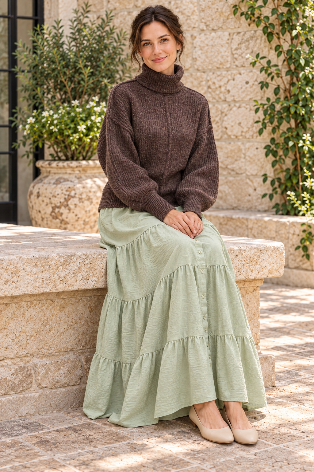 Timing deep brown heathered turtleneck sweater, seated lifestyle view
