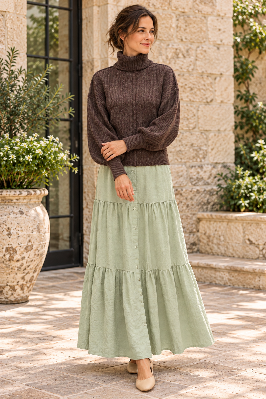 Timing deep brown heathered turtleneck sweater, standing lifestyle view