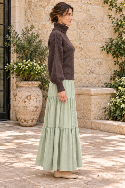 Timing deep brown heathered turtleneck sweater worn with sage maxi skirt, right view