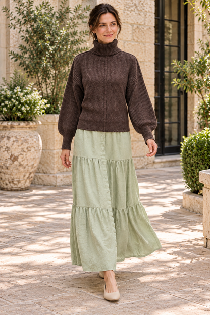 Timing deep brown heathered turtleneck sweater, walking lifestyle view