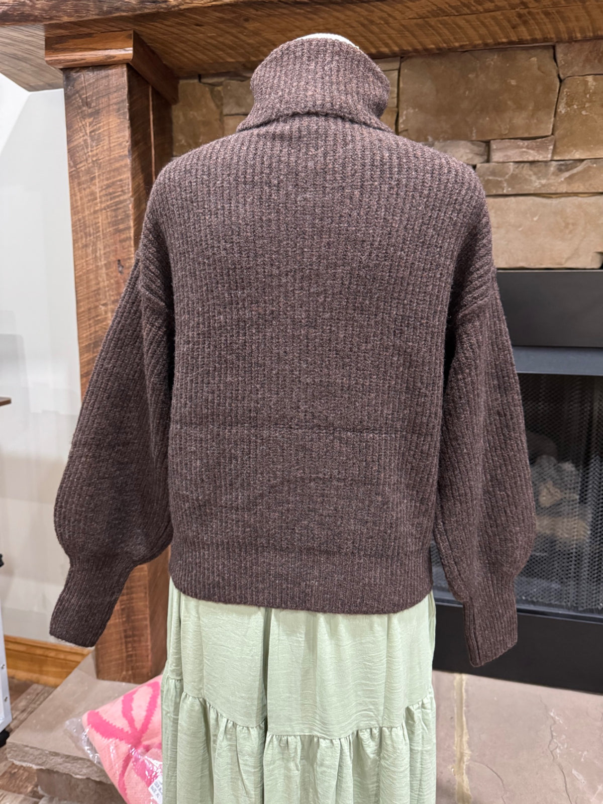 Timing deep brown heathered turtleneck sweater, back