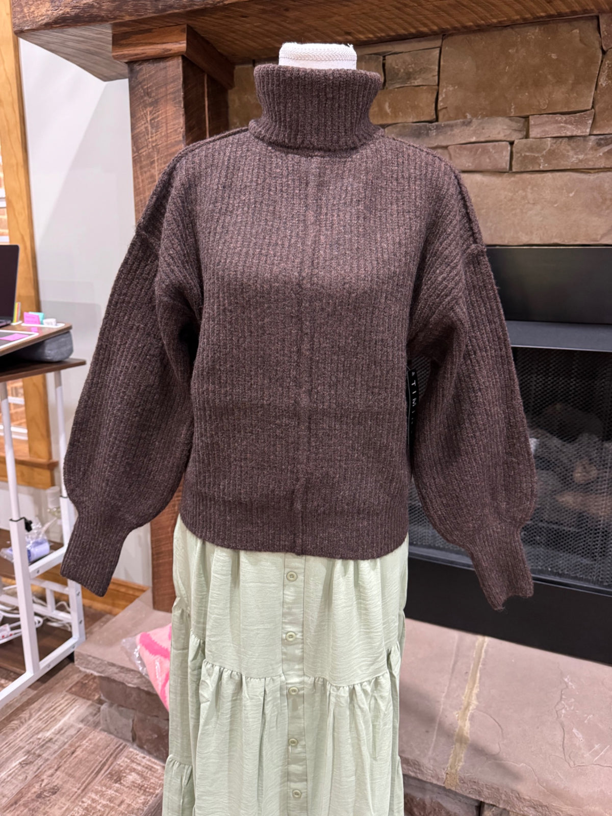 Timing deep brown heathered turtleneck sweater, front
