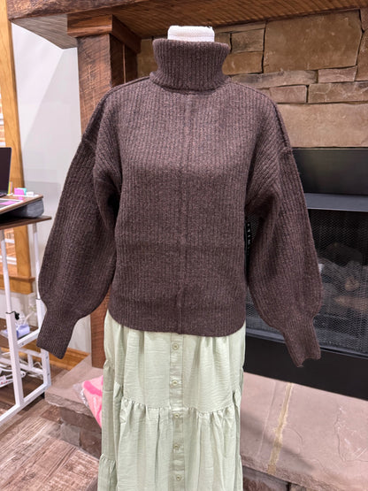 Timing deep brown heathered turtleneck sweater, front