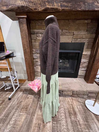 Timing deep brown heathered turtleneck sweater, side