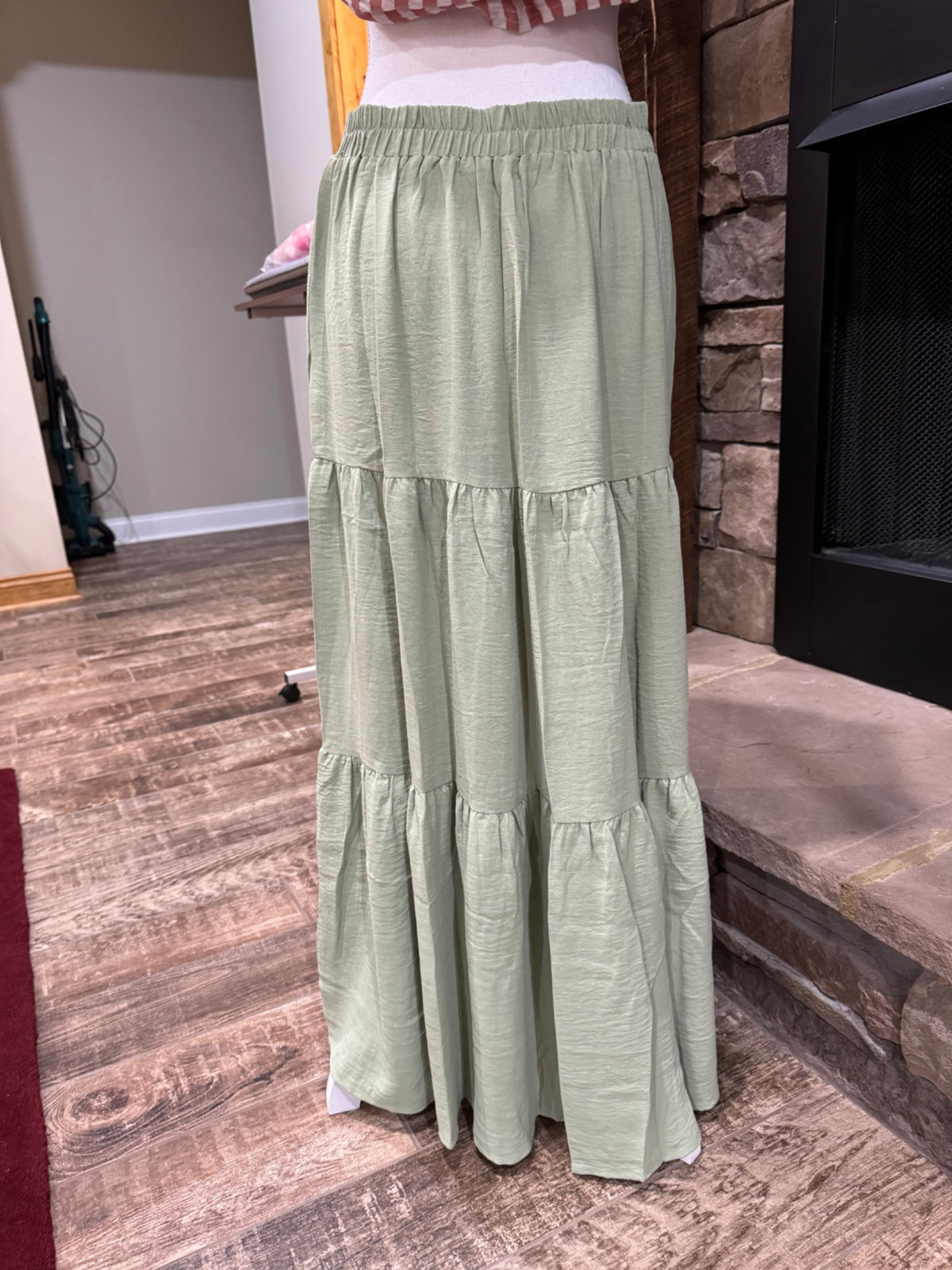 Timing sage green tiered maxi skirt, back