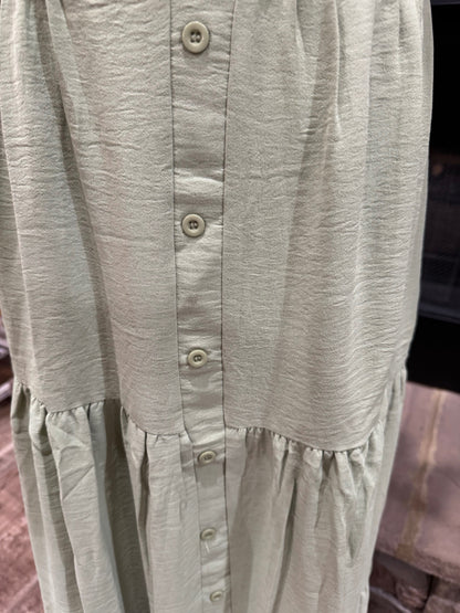 Timing sage green tiered maxi skirt, faux button detail