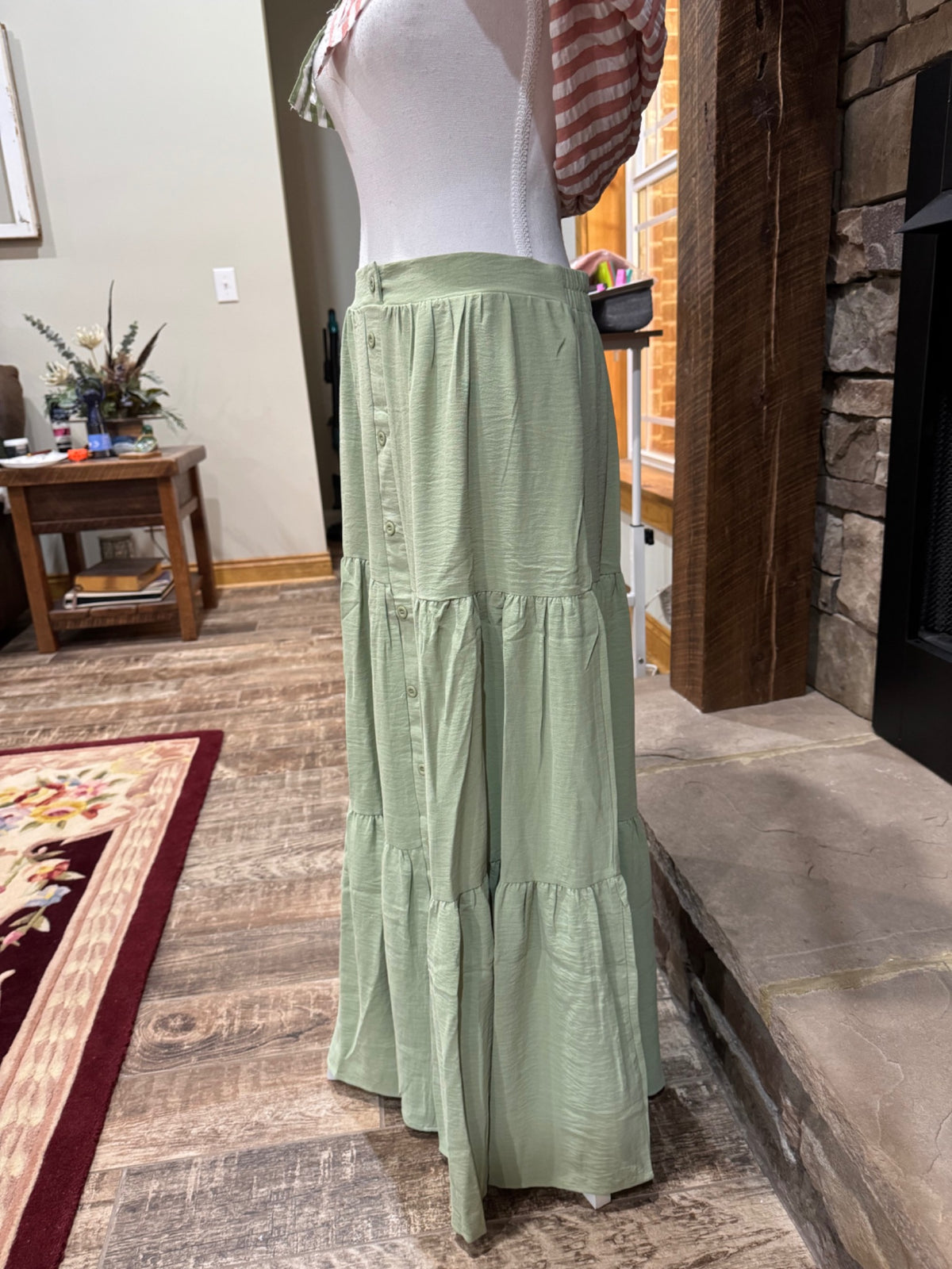 Timing sage green tiered maxi skirt, side