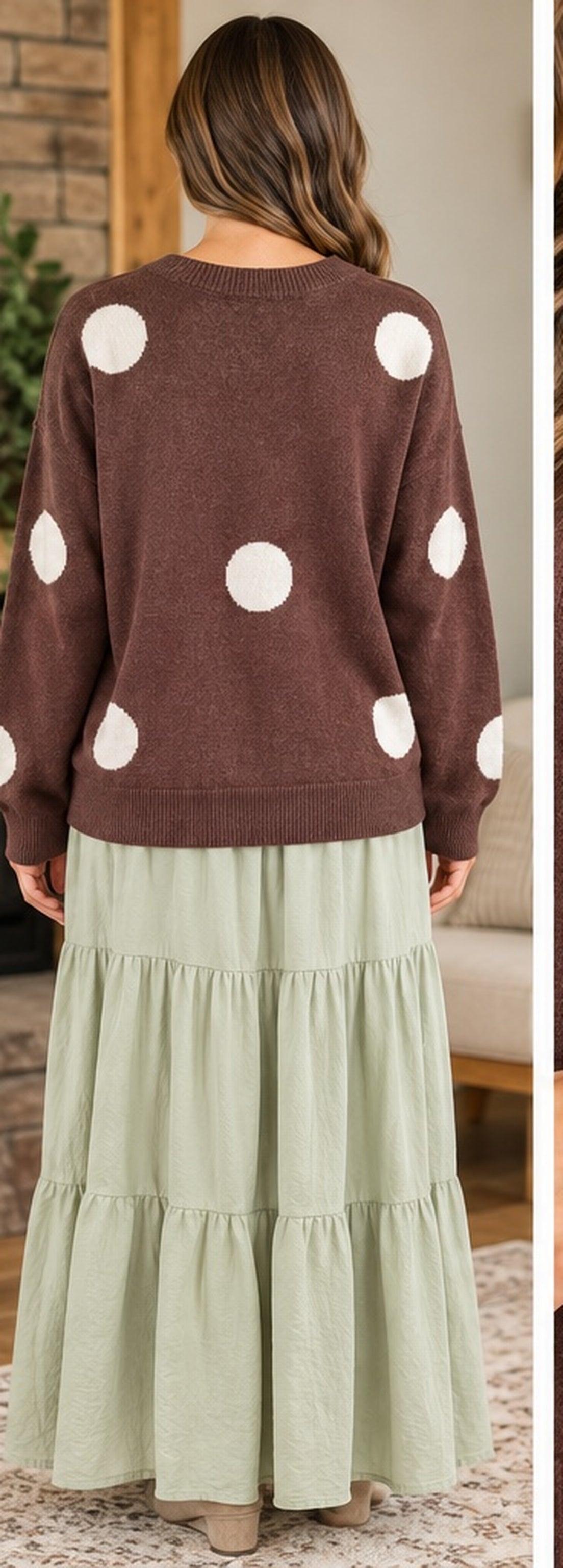 Back lifestyle view Timing chocolate polka dot sweater