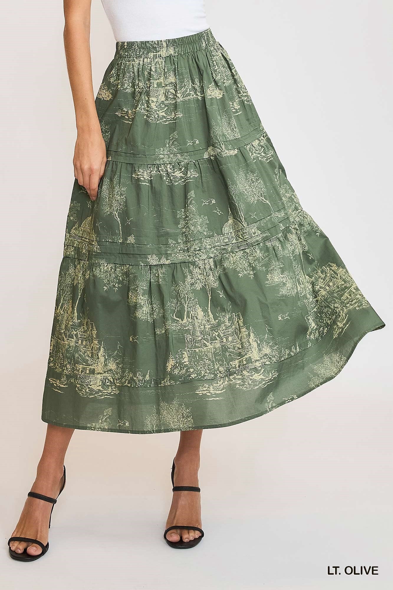 Olive green toile pintuck maxi skirt by Umgee featuring a flowy design and seasonless style, perfect for casual or dressy looks.
