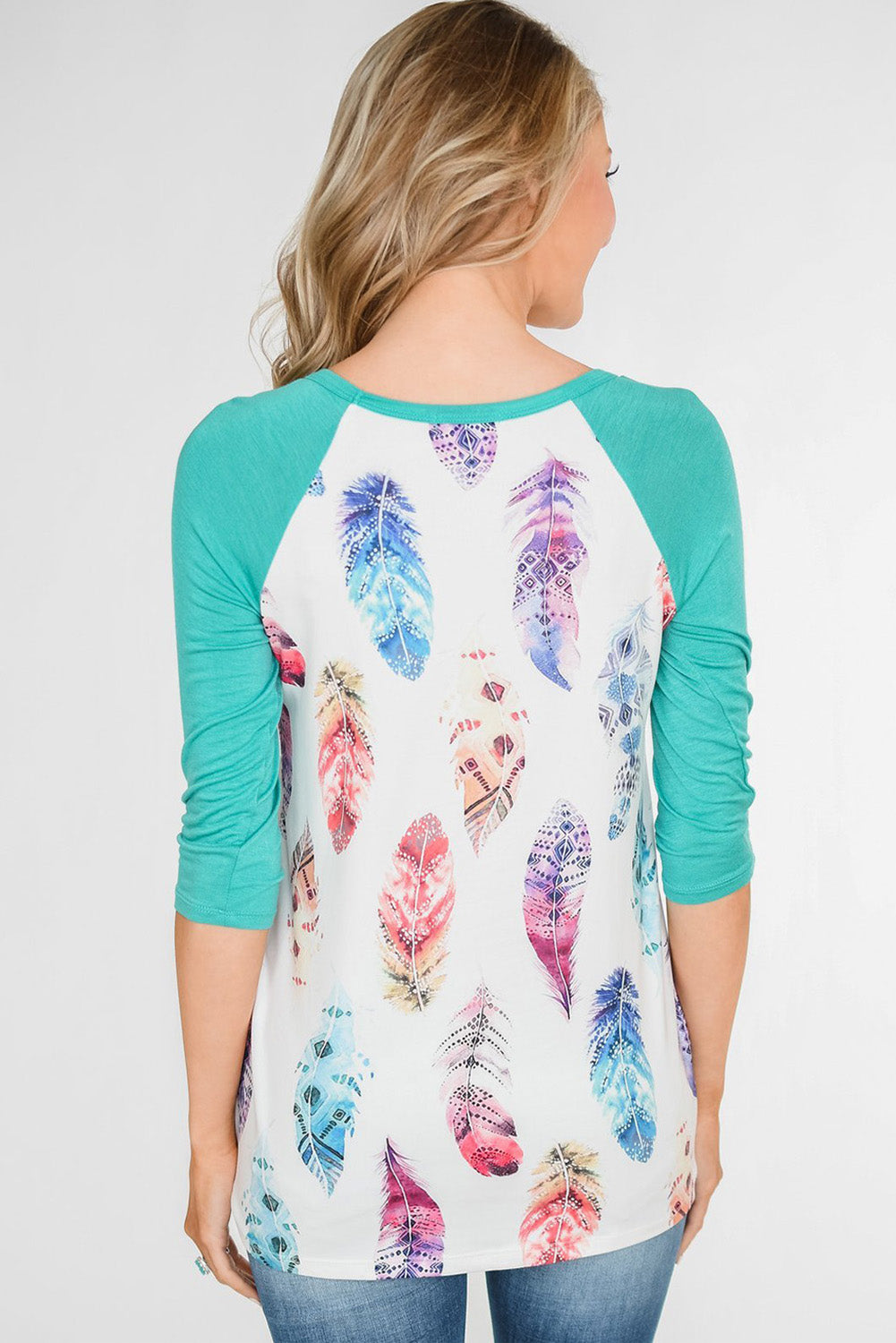 Small feather print 3/4 sleeve raglan shirt, lightweight casual top with relaxed fit and comfortable style.