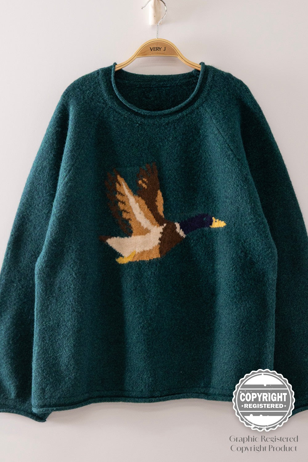 Very J Mallard in Flight Sweater in Forest front view with flying duck graphic