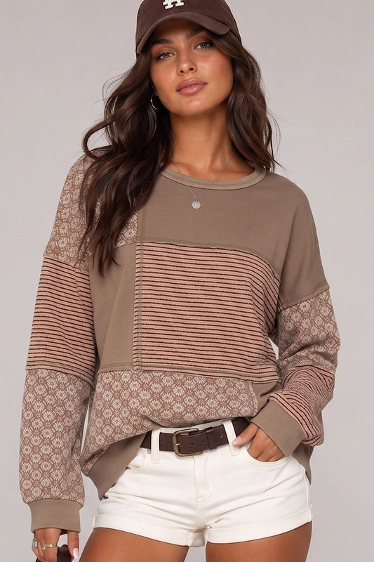 Very J mocha mosaic patchwork pullover worn by model, front view