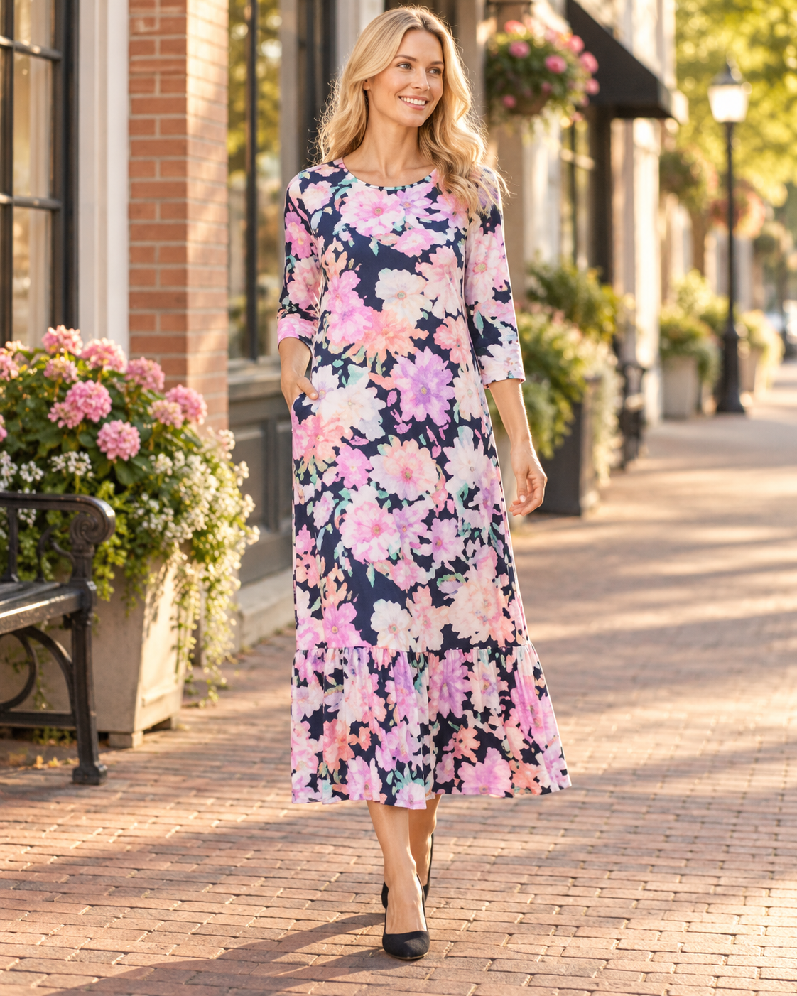 Watercolor Summer Floral Tiered Ruffle Dress with Pockets from Celeste