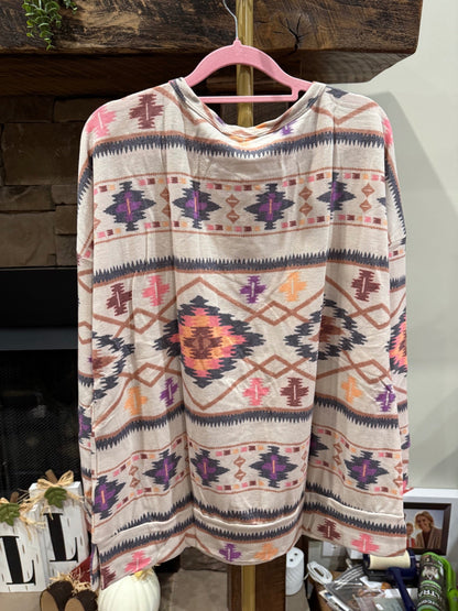Back view of Weekend Wanderer Aztec print French terry top