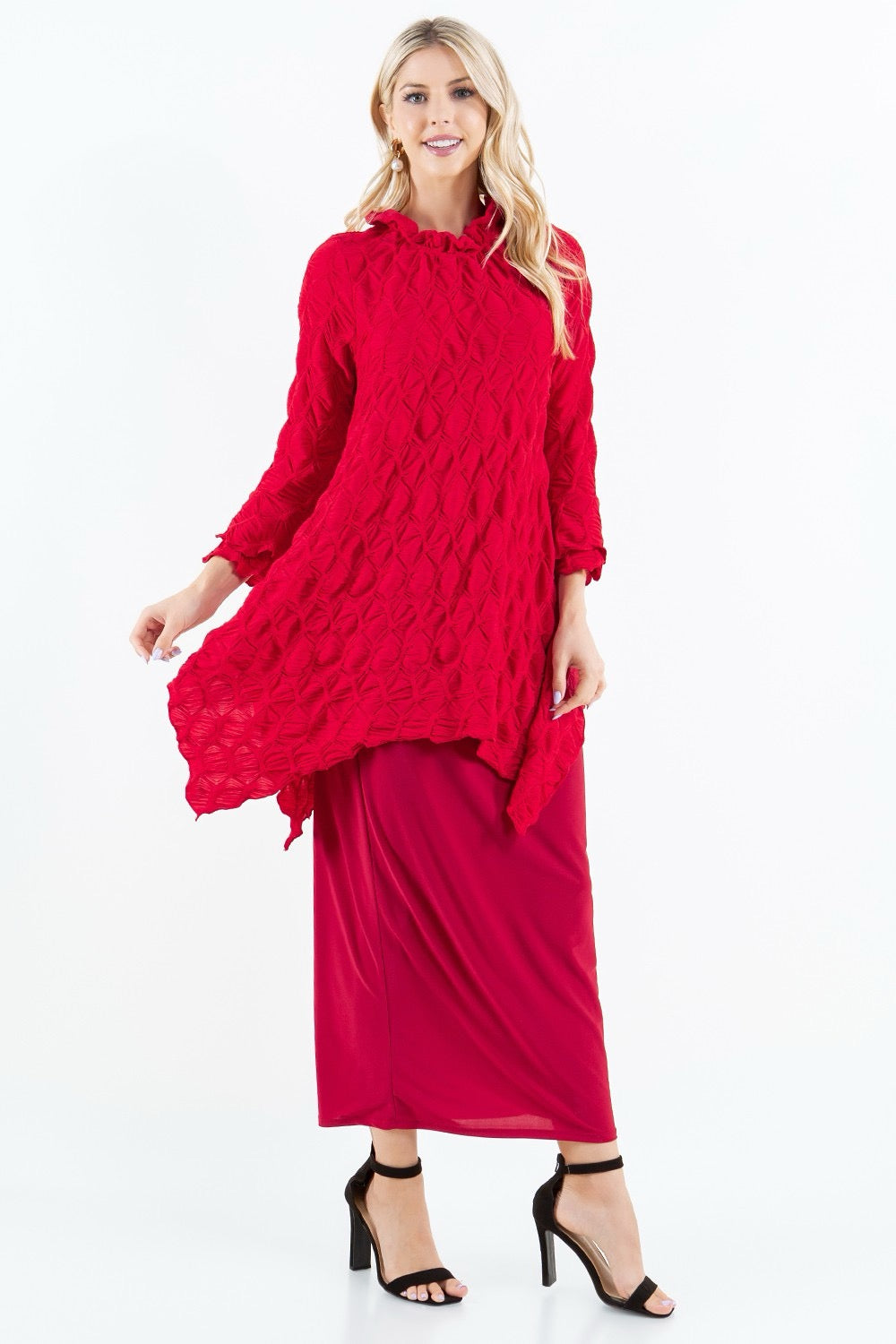 White Label ITY knit straight skirt in white, long maxi pencil style, 34-inch modest design, tailored for a sleek, elegant look.