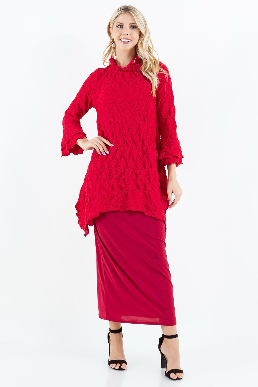 White Label ITY Knit Straight Skirt in a 34-inch long modest maxi pencil style, featuring a sleek, straight silhouette.