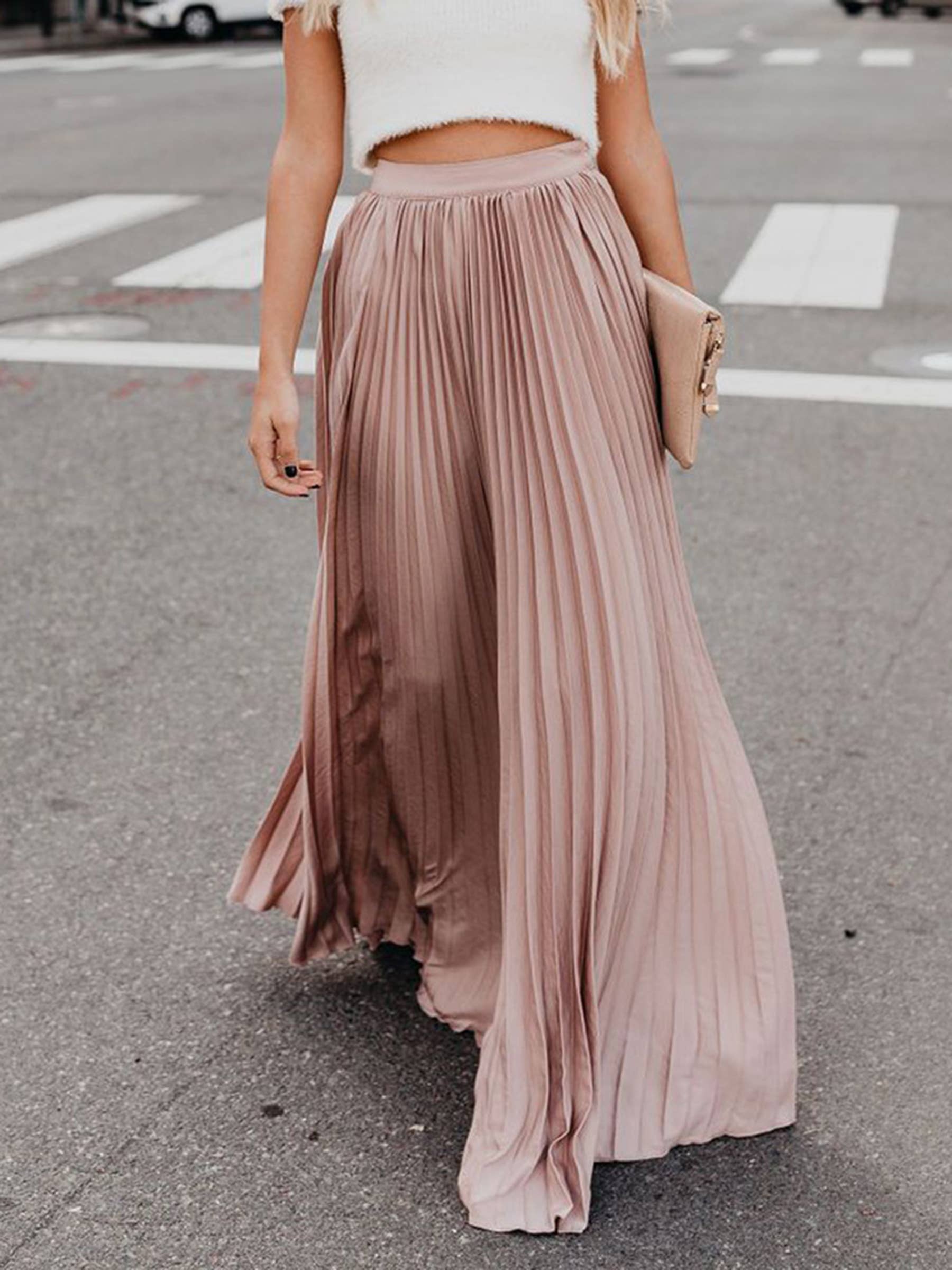 Green pleated solid color long dressy skirt by wholesalesir, featuring a high waist and elegant, flowing design.