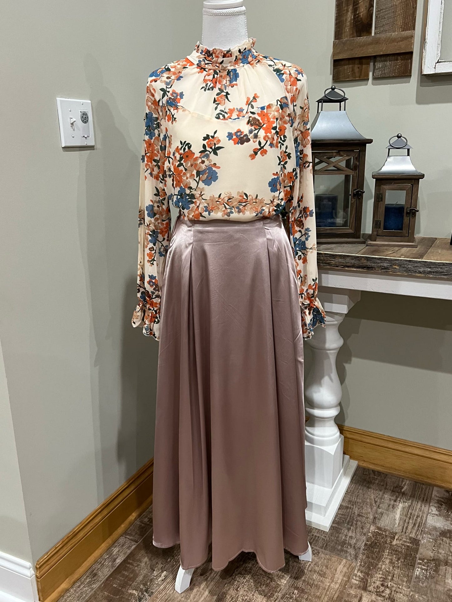 Beige high-waisted long dressy skirt by wholesalesir, elegant and stylish, with a flowy silhouette and subtle fabric texture.