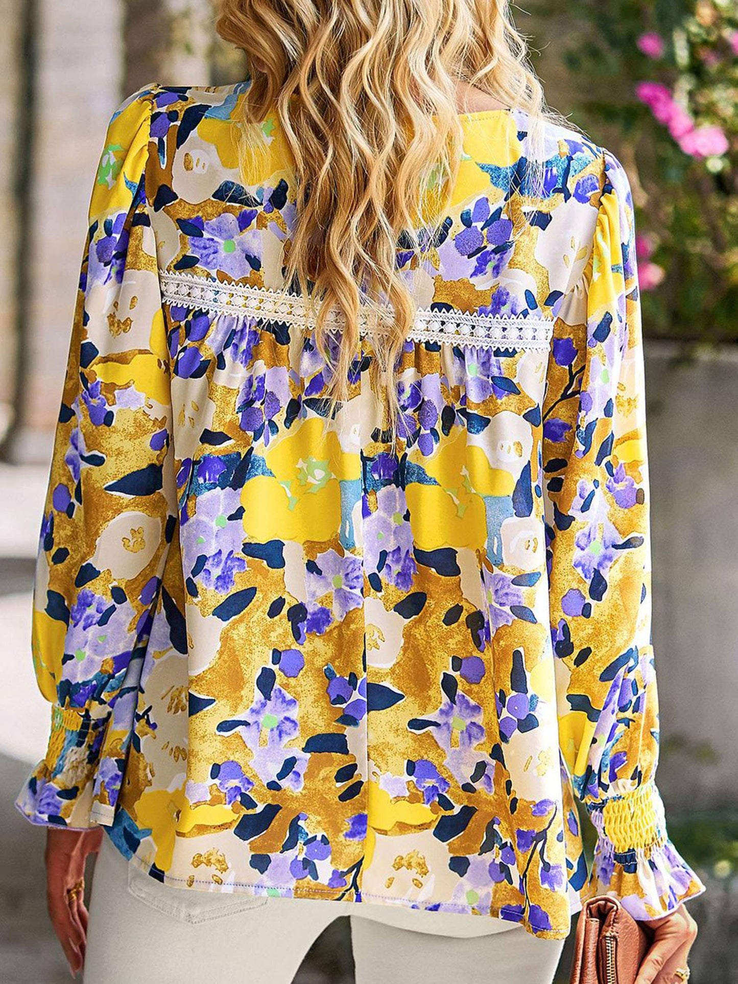 Multicolor floral print women's long sleeve blouse with flounce design, dressy top by Wholesalesir, perfect for stylish occasions.