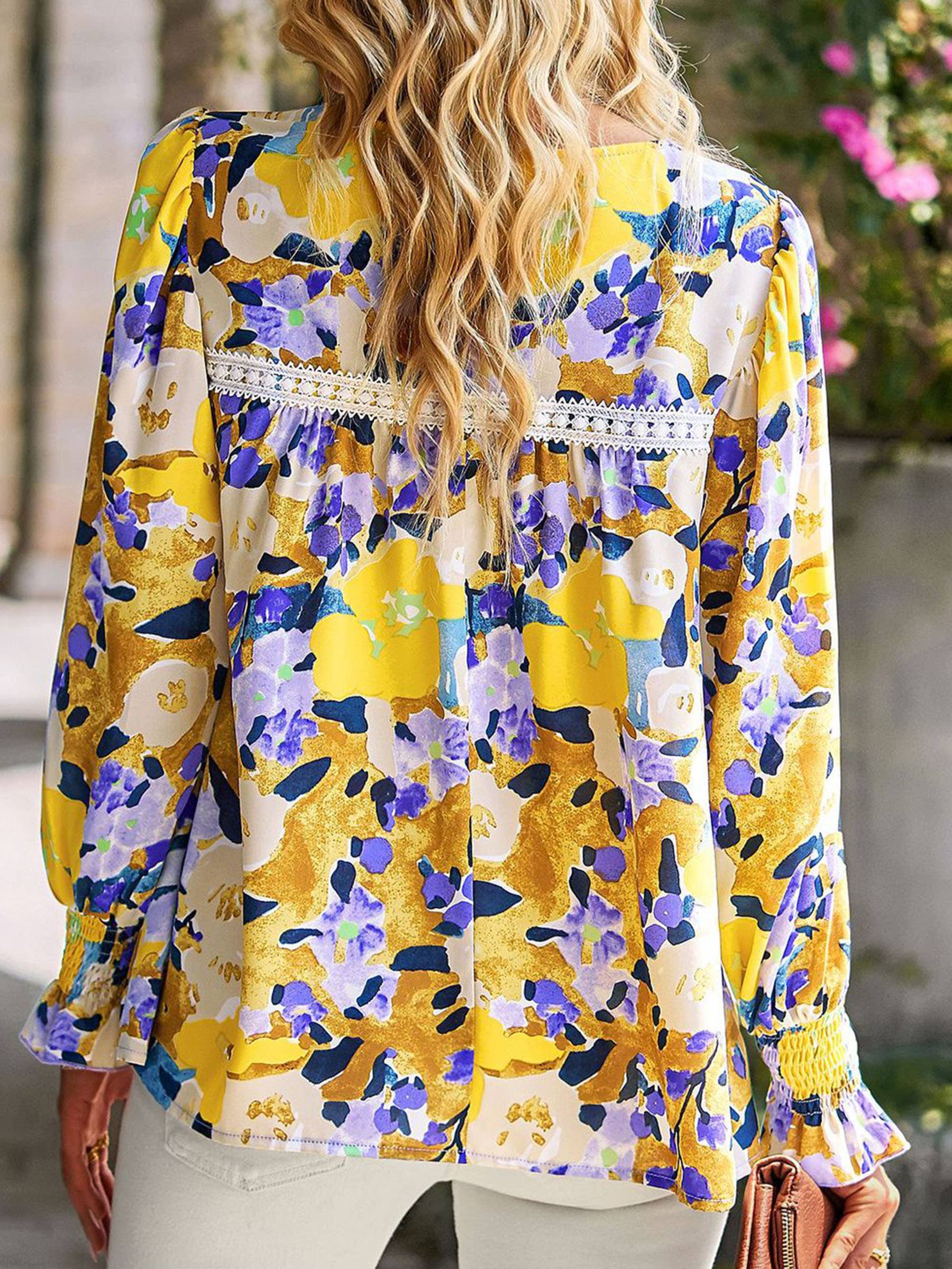 Multicolor floral print women's long sleeve blouse with flounce design, dressy top by Wholesalesir, perfect for stylish occasions.