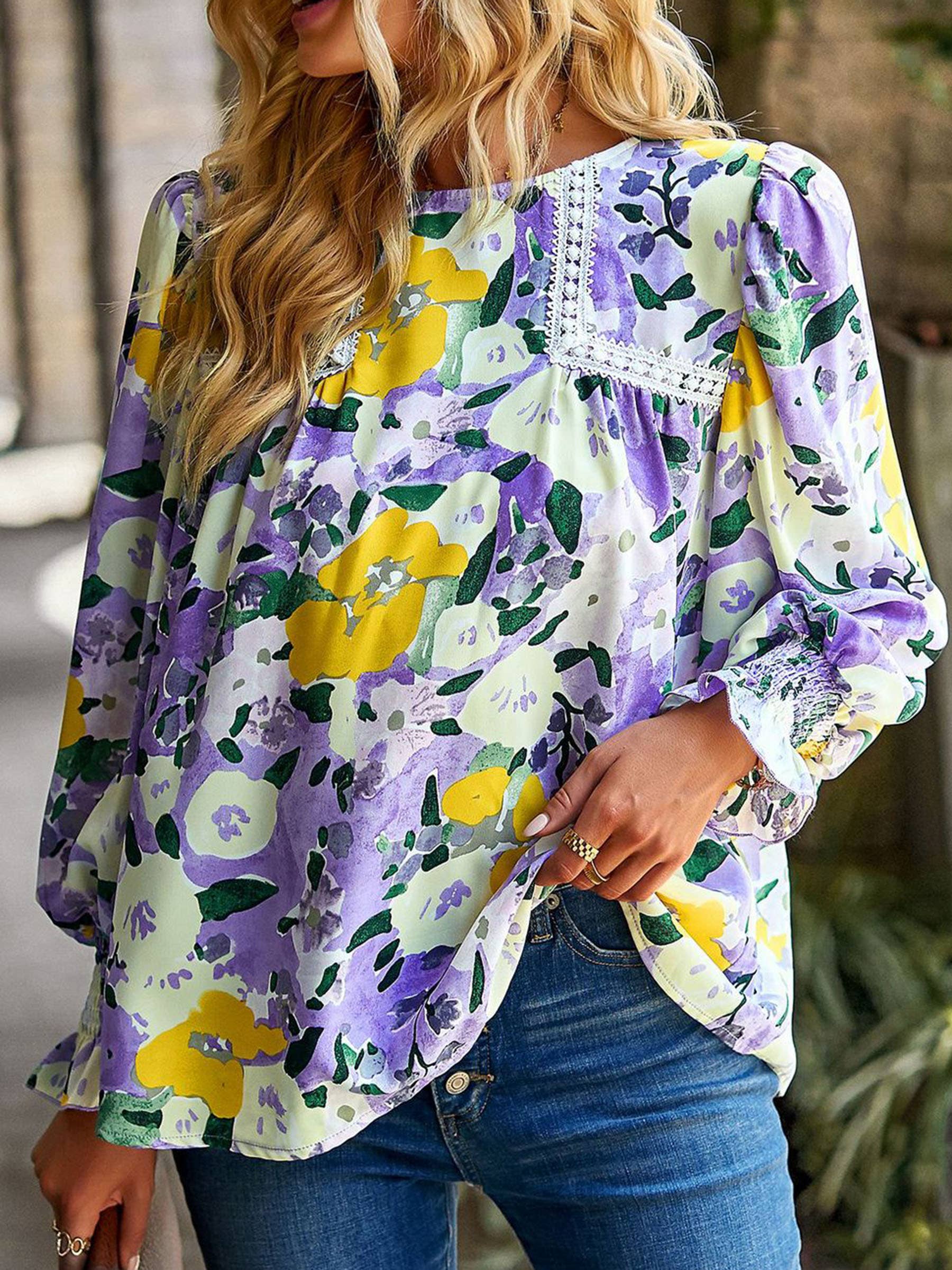 Women's floral print flounce long sleeve blouse by wholesalesir, multicolor dressy top with elegant long sleeves.