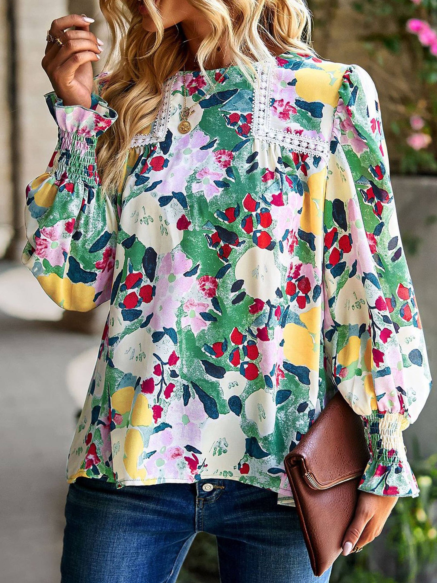 Women's floral print flounce long sleeve blouse from wholesalesir, colorful dressy top with feminine floral design.