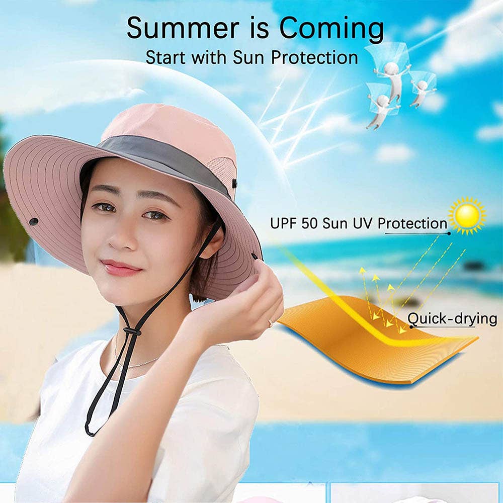 Pink womens UV protection foldable wide brim ponytail sun hat by Wholesalesir, perfect for sun safety and stylish outdoor wear.