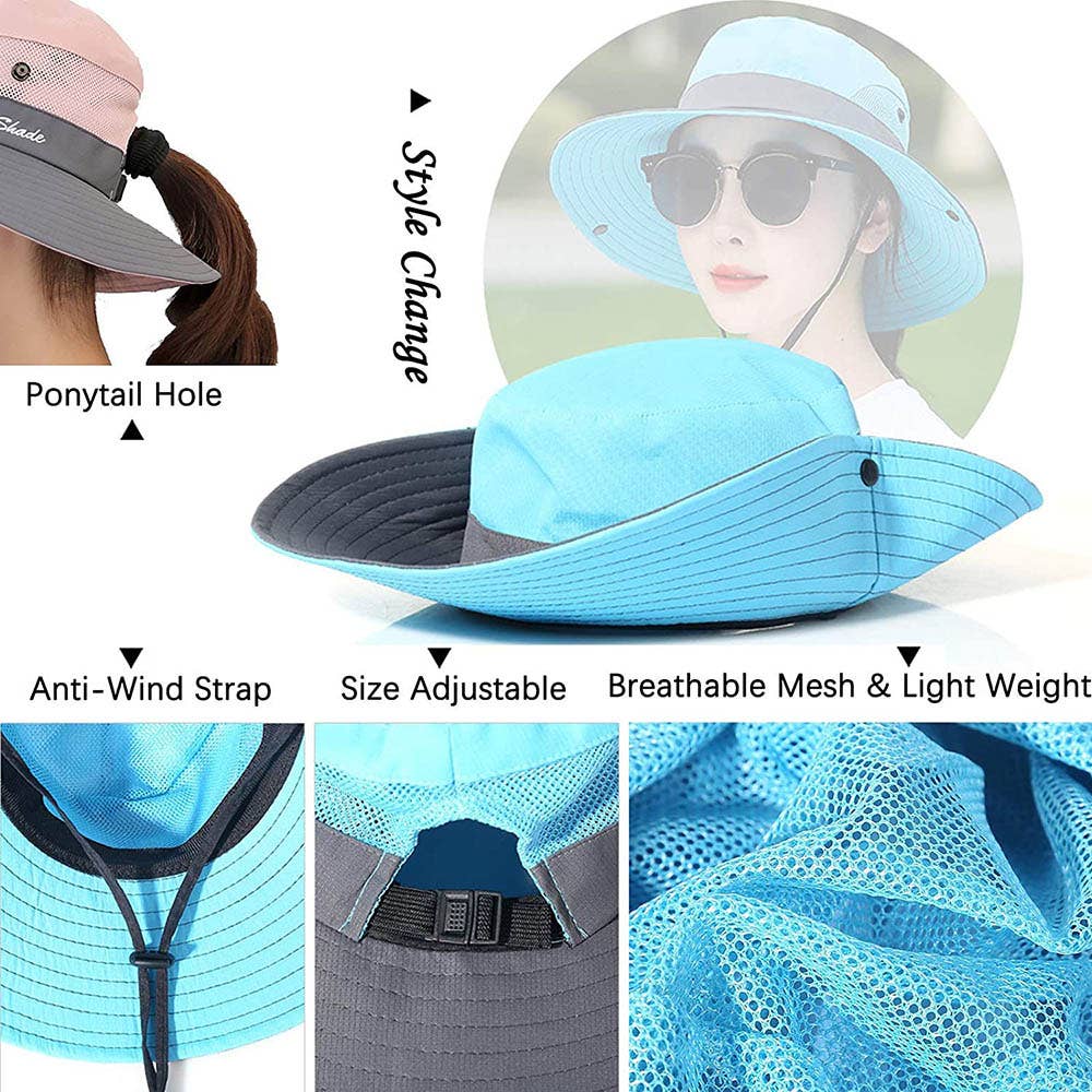 Pink women's UV protection hat with wide brim, foldable design, and ponytail opening by Wholesalesir.
