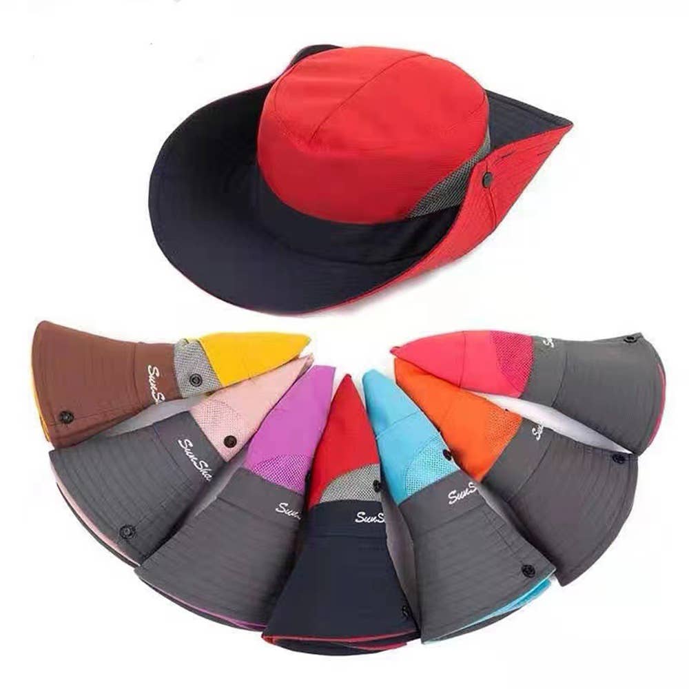 Pink women's UV protection hat with a foldable wide brim and ponytail opening, perfect for sun protection and stylish wear.