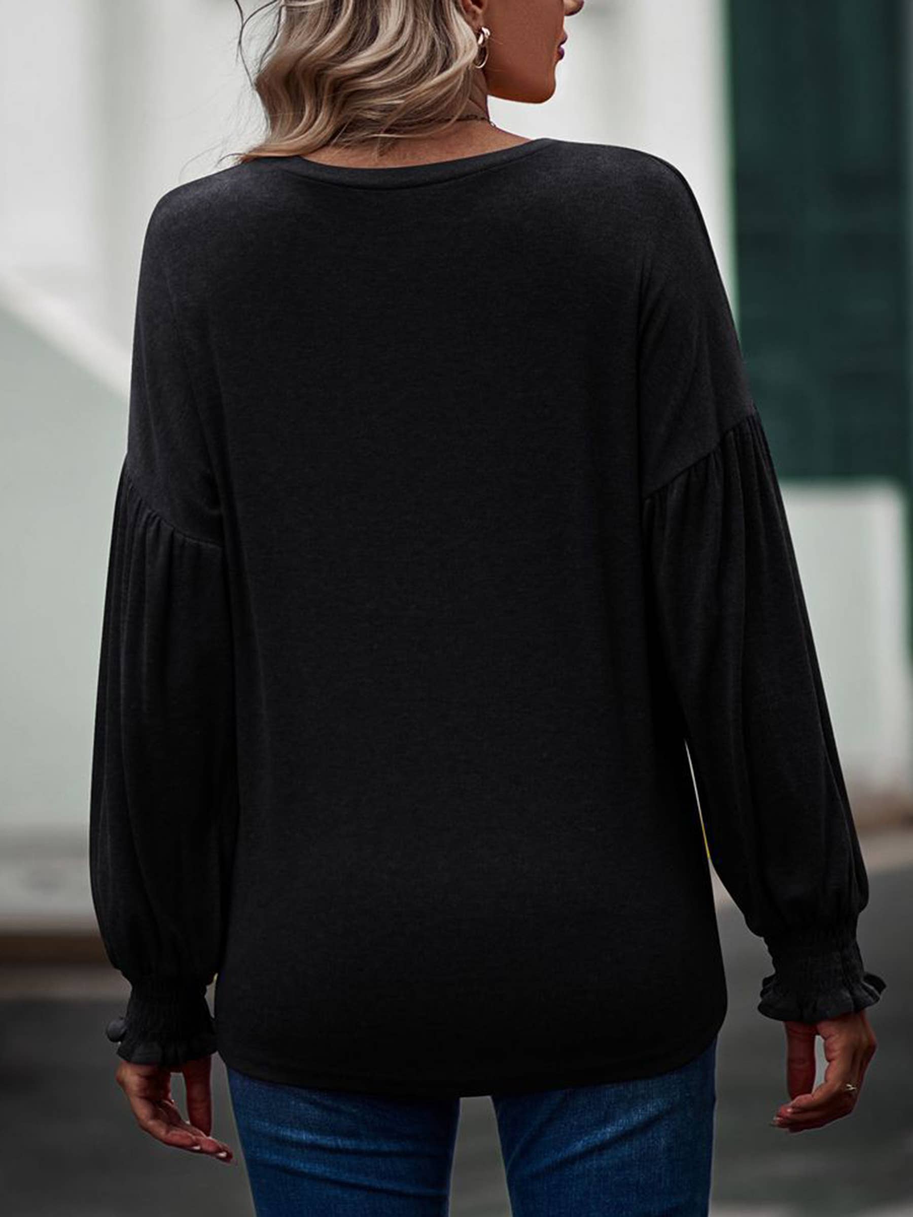Beige women's long sleeve top with round neck, pleated lantern sleeves, from wholesalesir.