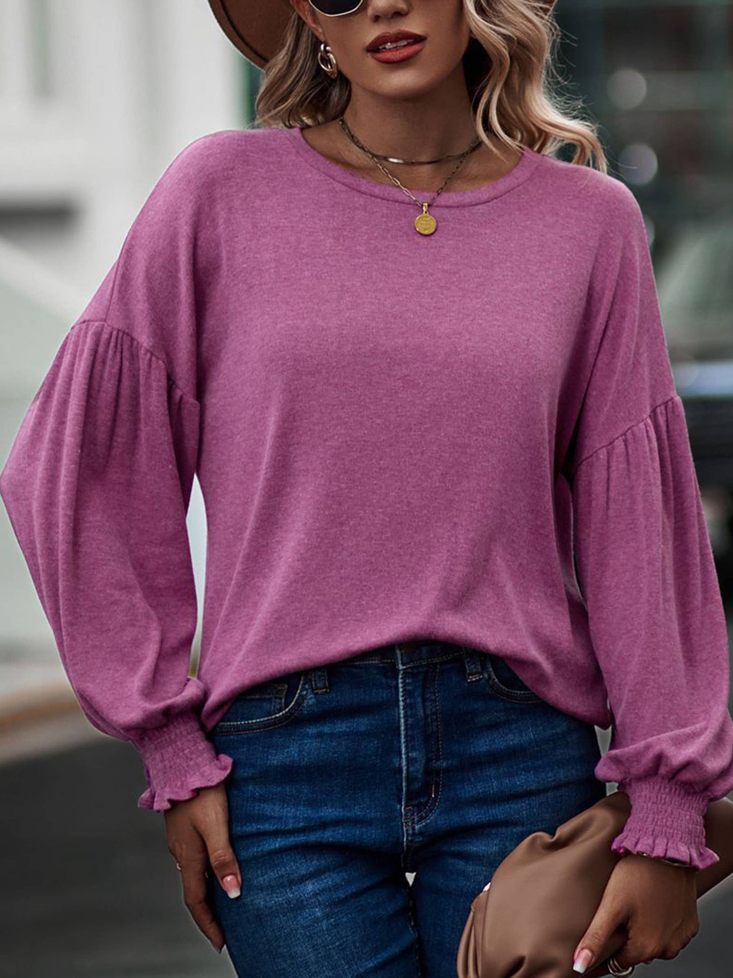 Beige long sleeve women's top with round neck, pleated details, and lantern sleeves by wholesalesir.