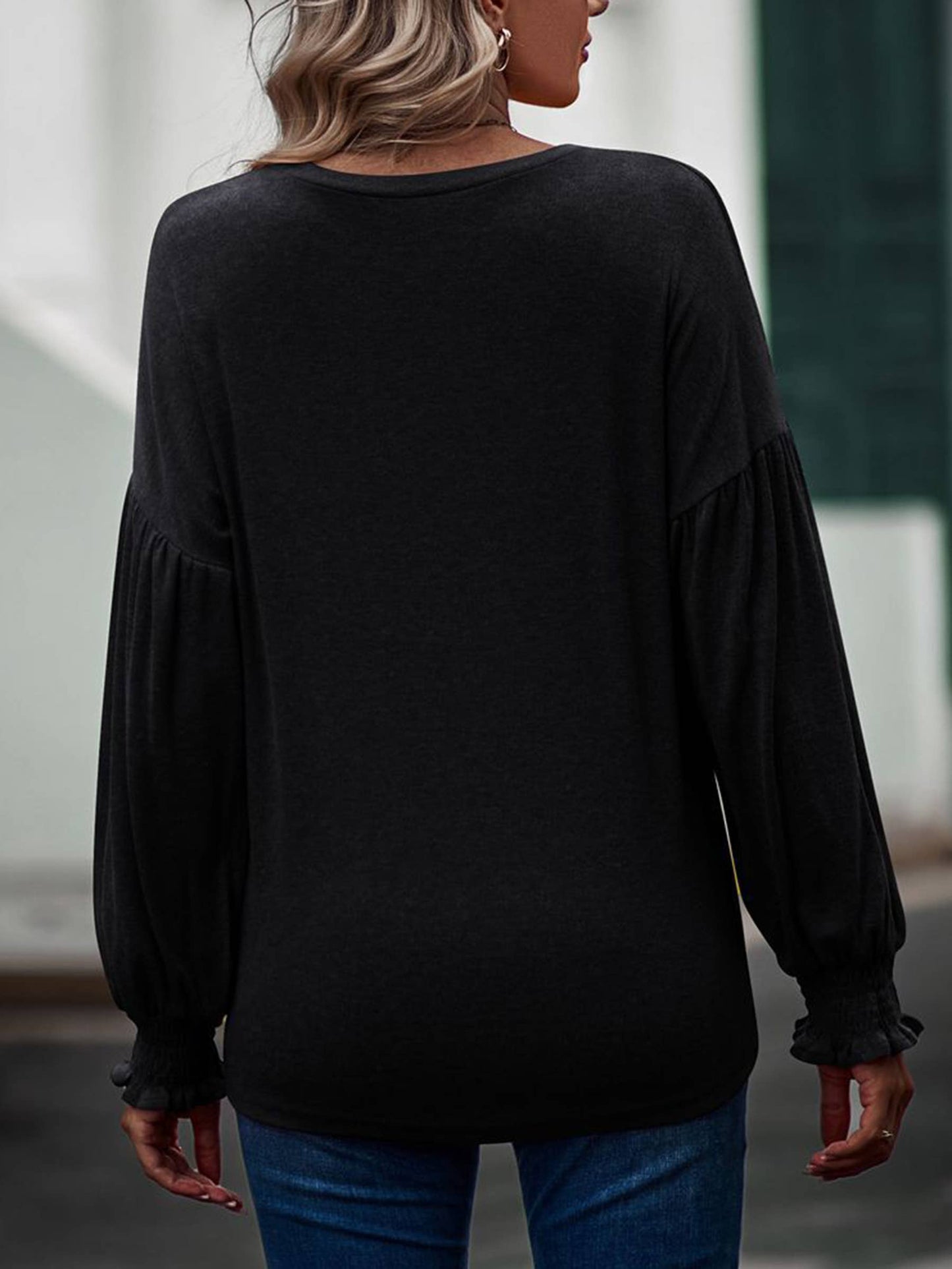 Purple long sleeve women's top with round neckline and pleated lantern sleeves, stylish blouse by wholesalesir.