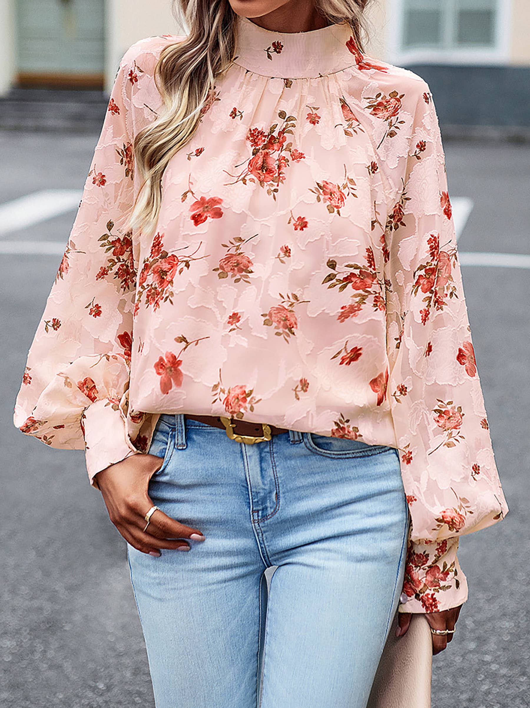 Wholesalesir floral print long sleeve winter blouse in apricot with beige floral pattern, lightweight and stylish for colder days.