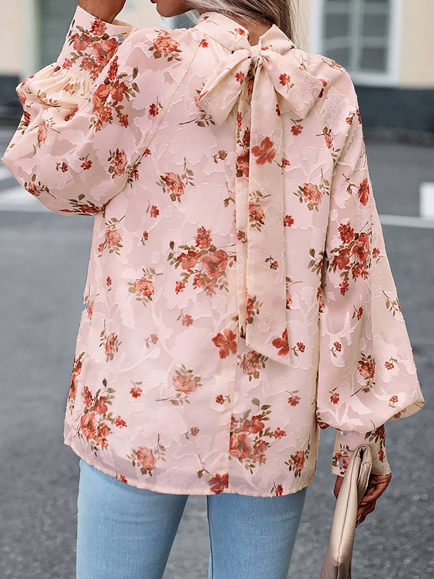 Wholesalesir floral print winter long sleeve blouse in apricot with beige floral pattern, lightweight and stylish for women.
