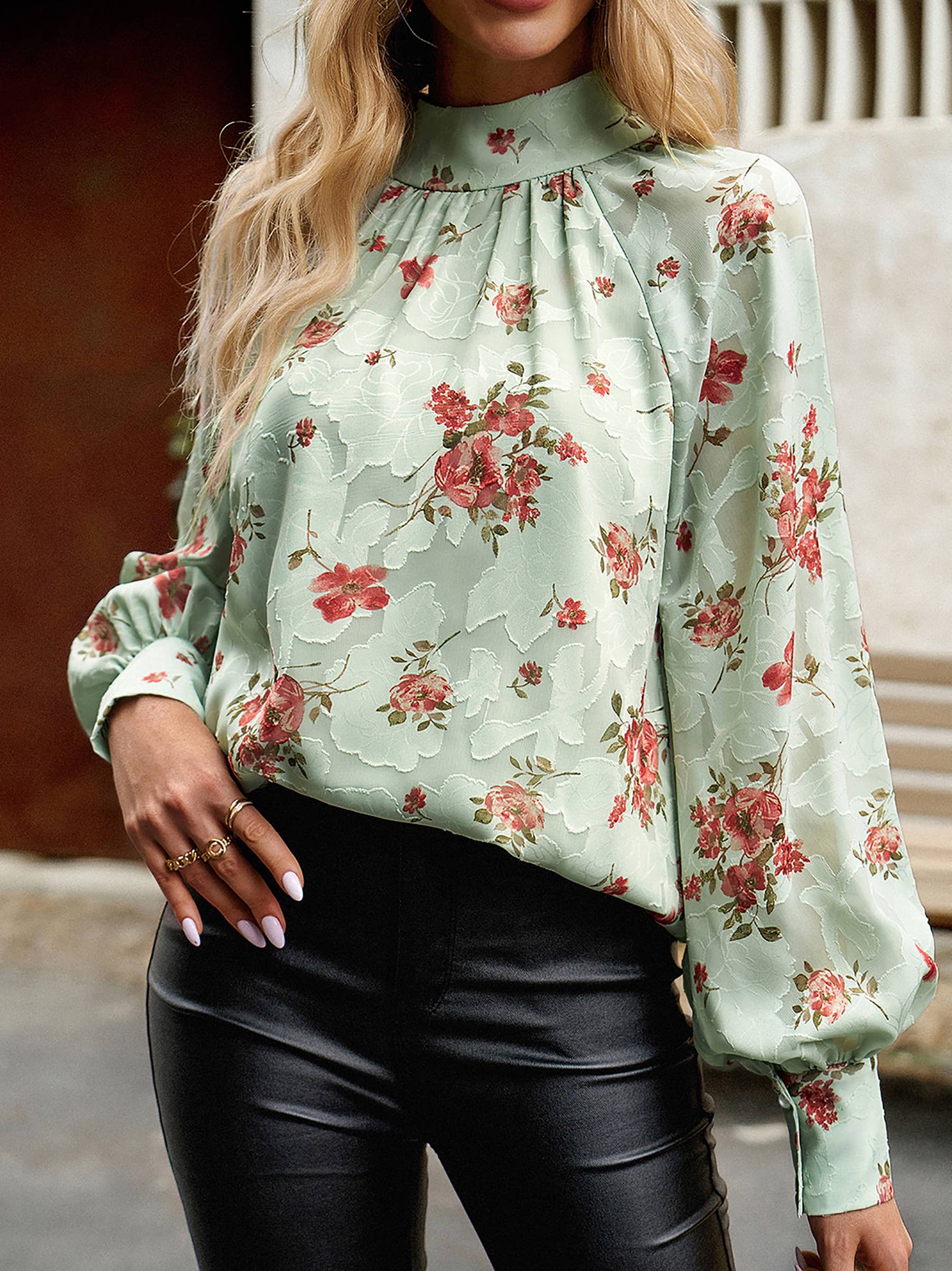 Wholesalesir apricot floral print long sleeve blouse top with beige floral pattern, perfect for winter fashion.
