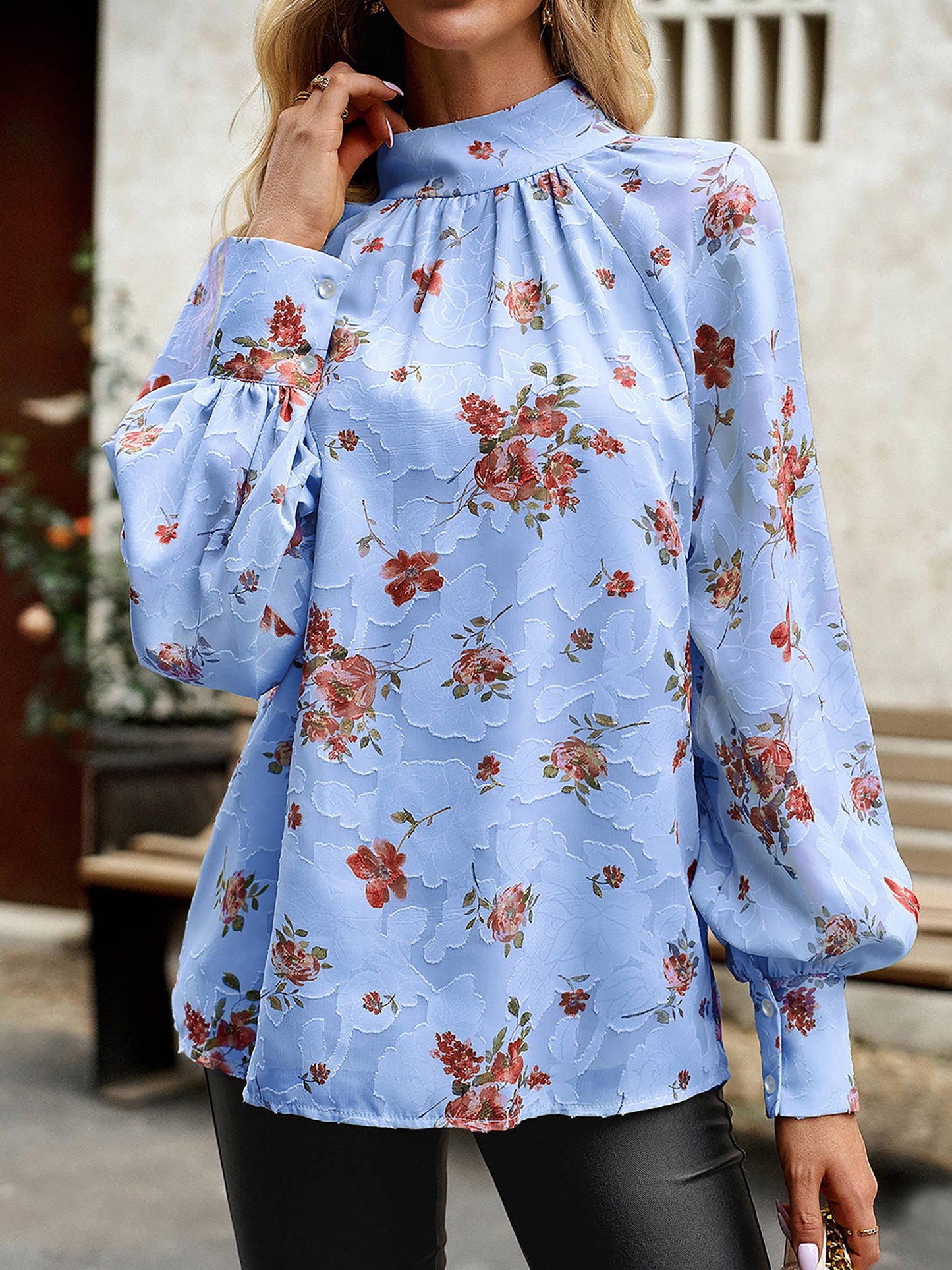 Wholesalesir floral print winter long sleeve blouse in apricot, featuring beige floral design and comfortable fit.