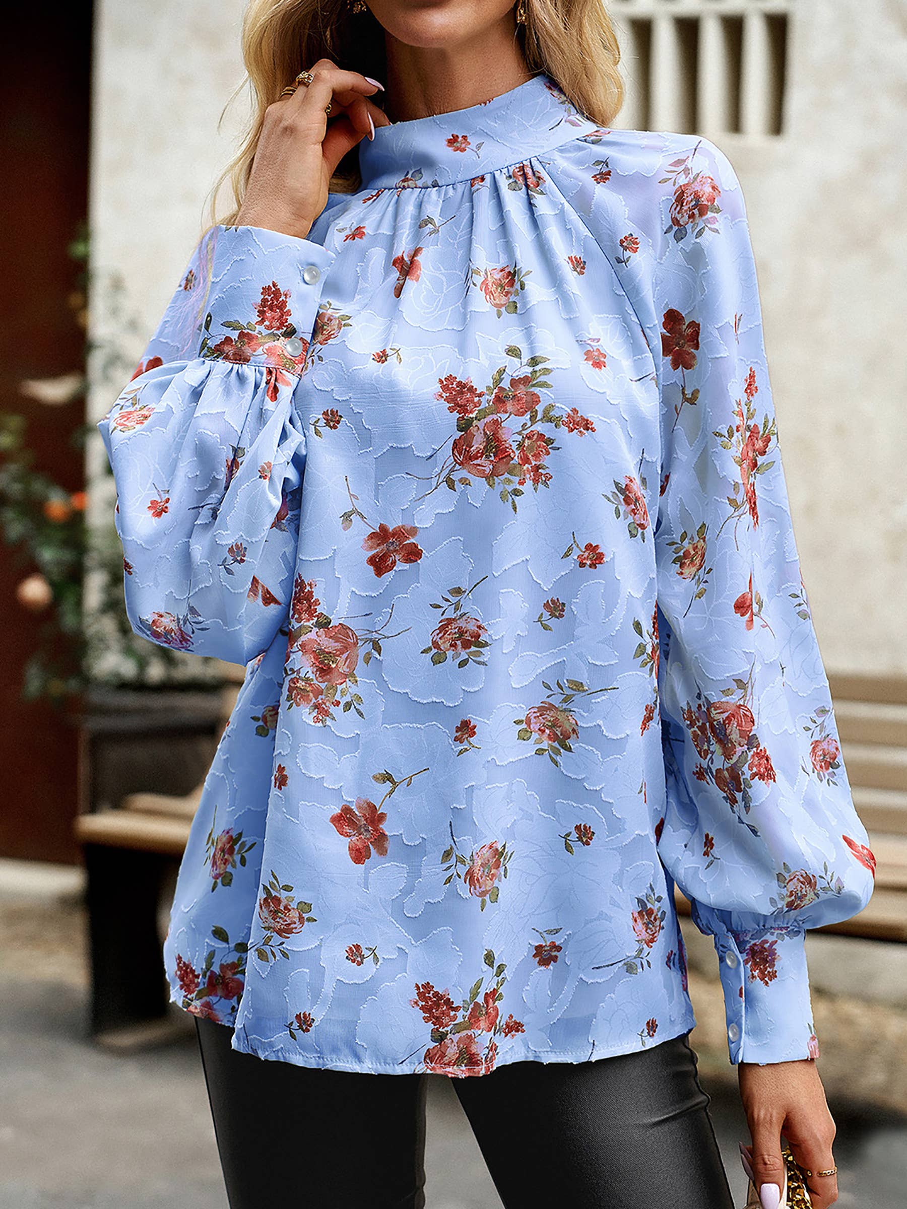 Wholesalesir floral print winter long sleeve blouse in apricot, featuring beige floral design and comfortable fit.